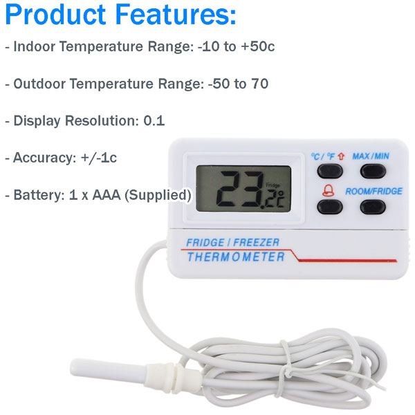 Thermometer World Fridge Thermometer or Freezer Thermometer Digital with Warning Alarm and Max Min Feature 1.2m Cable